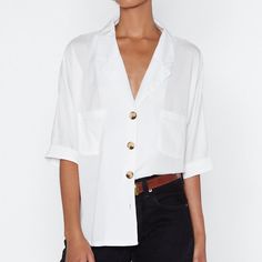 Brand New Loose Button Up V Neck Shirt From Nasty Gal. Never Worn, Tags Attached. V-neck Top With Button Cuffs For Day Out, White Short Sleeve Tops With Buttoned Pockets, Summer Short Sleeve Single Breasted Top, Summer Button-up Tops With Buttoned Pockets, Summer Single-breasted Short Sleeve Top, Summer Single Breasted Short Sleeve Top, Button-up Summer Tops With Buttoned Pockets, Summer Shirt With Lapel Collar And Button Closure, Chic Single Breasted Top With Lapel Collar