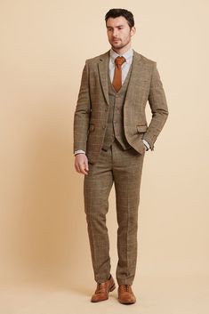 TED - Tan Tweed Check Three Piece Suit Brown Tweed Suits For Men Wedding, Tweed Suit Men, Walima Outfit, Summer Wedding Men, English Suit, Harris Tweed Suit, Suit For Men Wedding, Tan Brogues, Brown Tweed Suit