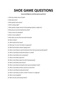 a question sheet with the words shoe game questions in black and white text on it