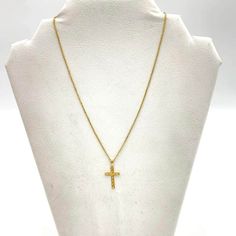 u371 Vintage 14K Yellow Gold Box Link Chain Necklace 16" Long & Cross Pendant PLEASE READ ENTIRE DESCRIPTION BEFORE PURCHASING Pre-owned item. Good condition. Please see pictures for details. As seen on pictures. No returns on vintage/antique items. Item Overview * 14K Yellow Gold Chain Necklace. Box style links. Stamped 585. 16" long, 1mm wide, 1mm thick. * 14k yellow gold cross. 30mm x 15mm x 1mm thick. * Total weight: approx. 4g. * Condition: Great vintage condition.  Please check out pictures and ask any questions before buying. I try my best to accurately describe all items. Pictures will show any flaws so you know exactly what you are buying. Please see pictures for more details! -------------------------------------- Please be 100% sure of your purchase before buying, as we do not o Yellow Gold Cross Pendant Chain Necklace As Gift, Gold Cross Necklace For Formal Occasions, Hallmarked Yellow Gold Cross Pendant Necklaces, Formal Cross Pendant Necklace With Box Chain, Gold Pendant Cross Necklace With Diamond Cut, Gold Diamond Cut Cross Pendant Necklace, 14k Stamped Yellow Gold Chain Necklace As Gift, Yellow Gold Diamond Cut Cross Pendant Necklace, Gift 14k Stamped Yellow Gold Chain Necklace