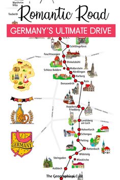 a map with the words romantic road germany's ultimate drive in red and white