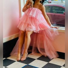 Bubble Gum Pink Tulle High Low Dress. Worn One For Pictures Super Fun High Low Tule Dress, High Low Gown Pink, High Low Tulle Dress Kids, Flowy High-low Hem Dress With Ruffles, Tulle High Low Dress, Pink Tulle Tutu Dress For Dress-up, Pink Tulle, Bubblegum Pink, High & Low