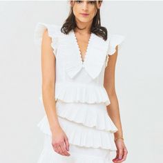 Worn Once For Bridal Luncheon! Size Medium, Tailored To Fit 2/4. Model Is Wearing Size Small. Feminine Pleated Tiered Dress, Chic Pleated Mini Dress For Garden Party, Feminine Tiered Pleated Dresses, Elegant Tiered Mini Dress For Garden Party, Elegant Pleated Ruffle Dress For Summer, White Tiered Lined Dress, White Tiered Elegant Mini Dress, Elegant White Tiered Mini Dress, Elegant Pleated Mini Dress For Garden Party