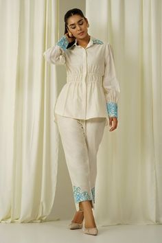 Shop for Sakshi Khetterpal Ivory Chanderi Front Buttoned Shirt And Pant Set for Women Online at Aza Fashions Co Ords Outfits, Thread Beads, Buttoned Shirt, Long Kurti Designs, Stylish Short Dresses, Casual Wear Dress, Kurtis With Pants, Shirt Pant Set, Trendy Fashion Tops