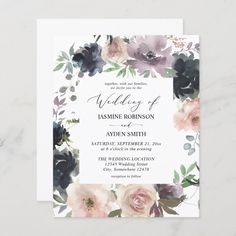 wedding card with watercolor flowers and greenery