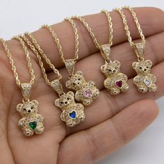 "1\" CZ Teddy Bear Heart Pendant Necklace 14K Yellow Gold All Sizes * Metal : Real 14K Yellow Gold (Properly Stamped, 14K)  * Condition : Brand New  * Finish : Polished  * Average Weight : 16\" : 3.47 grams  18\" : 3.67 grams  20\" : 3.87 grams  22\" : 4.06 grams  Pendant: 1.89 grams  * Length : Selectable  * Width : 1\" x 1/2\" = 25mm x 12mm  * Chain: 1.5mm  * Clasp/Bail : 6.2mm by 3mm All of our items are brand new and are shipped with a gift box." Disney Pandora Bracelet, Dope Jewelry Accessories, Van Cleef And Arpels Jewelry, Pretty Jewelry Necklaces, Chain And Pendant, Cute Engagement Rings, Yellow Jewelry, Magical Jewelry, Dior Jewelry