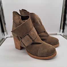 3.25 Inch Heel. Side Buckle Closure. Stitching At The Top Imperfect; Otherwise Great. New. Fall Suede Boots With Wrapped Heel, Spring Heeled Boots With Buckle Closure, Suede Ankle-high Boots With Wrapped Heel, Ankle-high Suede Boots With Wrapped Heel, Suede Heeled Boots With Buckle Closure And Round Toe, Suede Ankle-high Booties With Buckle Closure, Suede Closed Toe Boots With Buckle Closure, Suede Boots With Buckle Closure And Closed Toe, Suede Boots With Buckle Closure