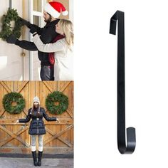 two pictures with the same door handle and one has a christmas hat on it, while the other is holding wreaths