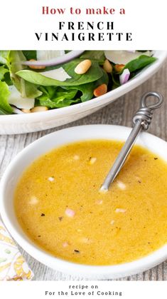 a bowl of soup with a spoon in it and the words how to make a broccoli vinaigrete