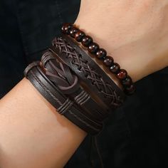 Men's Genuine Brown Leather & Bead Bracelet Set (T) Nice Set Of 4 Adjustable Bracelets Brand New Makes A Great Gift! Casual Brown Braided Bracelets With Round Beads, Casual Brown Leather Beaded Bracelets, Leather Bead Bracelet, Men's Boutique, Prayer Jewelry, Gold Band Wedding Ring, Gold Topaz, White Diamond Ring, Unisex Necklace