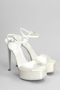 Anastasia Sandals in white satin, plateau, ankle strap, one strap, heel 145mm, 100% satin, leather sole, Made in Italy White Heels Prom, Heels Prom, Jeweled Shoes, Crystal Heels, Versace Shop, Rene Caovilla, Saint Laurent Shoes, White Heels, Satin Color