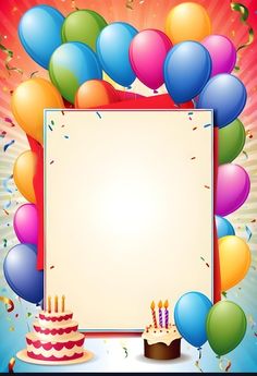 a birthday card with balloons, cake and confetti in front of an empty sign