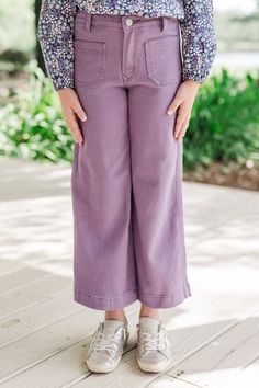 Your girl is going to feel like she can give it her all in these fab jeans! That hue and that fit are perfection together! Once your daughter puts these wide leg jeans on she will be unstoppable! Button/zip front closure Pockets Wide cut legs Minimal stretch Morgan is wearing the size 7. Lavender Jeans Outfit, Purple Wide Leg, Lavender Jeans, Give It Your All, Be Unstoppable, Mint Julep Boutique, Pink Jeans, Your Girl, Lavender Purple