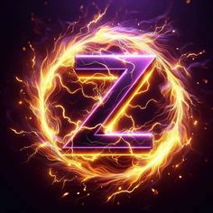 the letter z is surrounded by fire and sparks on a black background with an orange circle around it