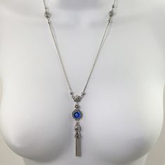 "925 Solid Sterling Silver Evil Eye Tassel Necklace Material: Solid 925 Sterling Silver, 925 Stamped Blue Evil Eye Glass Bead, 10 mm. Center Piece Length: 2.5 inches, Width: 0.5 inches Necklace Length Options: 17\" +2\" extender, 19\" + 2\" extender, or 20\" + 2\" extender. Closure: Lobster claw clasp Finishing: Oxidized Comes with a gift box. Free Domestic Shipping" Blue Tasseled Jewelry As Gift, Blue Tassel Jewelry As Gift, Blue Tassel Necklace For Gift, Blue Tassel Jewelry Gift, Blue Tasseled Jewelry For Gift, Elegant Blue Lariat Necklace With Adjustable Chain, Elegant Blue Sterling Silver Lariat Necklace, Elegant Blue Tassel Necklace As Gift, Elegant Blue Tassel Necklace Gift