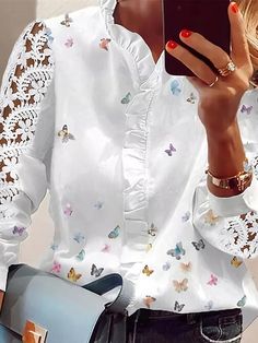 Women's Shirt Blouse White Butterfly Ruffle Button Long Sleeve Work Casual Streetwear Elegant Casual V Neck Regular Butterfly S 2023 - US $22.99 Blouse Necklines, Blouse Size Chart, Butterfly Blouse, Shirts Women Fashion, Streetwear Tops, Women Shirts Blouse, Lace Shirt, Mongolia, Casual Streetwear