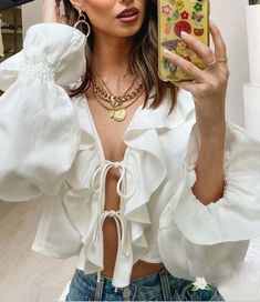 Chic Cropped Ruffle Crop Top, Chic Ruffled Crop Top For Spring, Feminine Ruffled Crop Top For Brunch, Elegant Ruffled Crop Top For Spring, Chic White Crop Top For Spring, Chic Long Sleeve Crop Top For Spring, Chic Ruffled Crop Top, Chic Long Sleeve Spring Crop Top, Elegant Cropped Ruffle Blouse