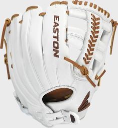 a white baseball glove with the easton logo on it's left hand and brown laces