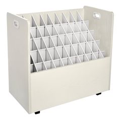 a white storage unit with bins and dividers on each side for storing items