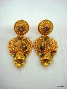 "vintage antique 20kt gold earring pair from rajasthan india. great handmade design, good for jewelry collection. Note - Please check pictures carefully for more detail. height max - 3.7 cm(1.46\") width max. - 1.6 cm(0.63\") weight - 9.440 grams material - 20kt solid yellow gold." 22k Gold Plug Earrings For Wedding, Gold Chandbali Earrings For Puja, Wedding 22k Gold Plug Earrings, Gold Meenakari Drop Earrings, 22k Gold Meenakari Bridal Earrings, Meenakari 22k Gold Bridal Earrings, Yellow Gold Meenakari Earrings For Diwali, Gold Meenakari Earrings For Festivals, Gold Chandbali Bridal Earrings For Puja