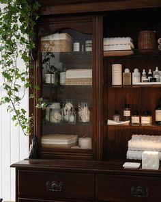 a wooden cabinet filled with lots of items