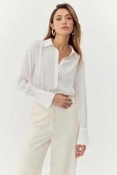 Belmont Slim Button Down Shirt | Greylin Collection – Greylin Collection | Women's Luxury Fashion Clothing Tops And Blouses, Sweater Jumpsuit, Luxury Women Fashion, Work Shirt, Satin Material, Low Iron, Shirt Button, Modern Woman, Fashion Games