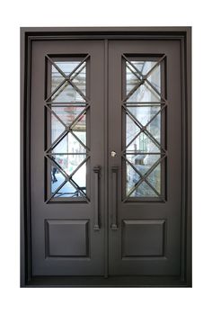 an open door to a building with glass panels on the front and side doors in black