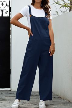 Fit: Regular fit. Detail: Sleeveless. Solid color. Pocketed. Button closure. Long pants. Jumpsuits. Casual style. Material: 95% Cotton. Care： Machine washes cold, tumble dry low. Color may be lighter or darker due to the different displays. Long Overalls, Womens Black Jumpsuit, Long Pant Jumpsuit, Jumpsuit Navy Blue, Solid Color Jumpsuits, Legging Sport, Jumpsuit Pattern, Summer Black, Long Jumpsuits