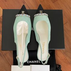 Brand New 23p Chanel Suede Calfskin, Grosgrain & Metal Light Turquoise Sling-Backs Shoes 37.5 Beautiful Color, Amaing Fit, Super Comfortable. Looks Great With Jeans, Cute Sweatpants, Or Simply Classy Looks. Luxury Green Slingback Pumps, Luxury Flat Heel Slingback Pumps With Leather Sole, Chanel Black Flats, Classy Looks, Chanel Loafers, Chanel Pumps, Satin Ballet Flats, Cute Sweatpants, Chanel Flats