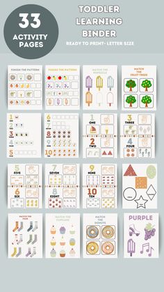 the printable activity pack for toddlers to learn numbers and letters with pictures on them