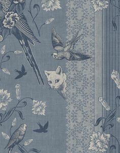 a blue and white wallpaper with birds, flowers, and cats on the side