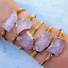 Stunning Bohemian Style Gold Plated 18k Rose Quartz wrapped bracelet is a beautiful complement to any outfit. This bracelet looks great stacked with other bracelets or alone. Dope Jewelry Accessories, Geometric Crystal, Raw Rose Quartz, Rose Gold Quartz, Brass Bangle, Rose Quartz Bracelet, Wire Wrapped Bracelet, Crystal Bangle, Crystal Jewellery