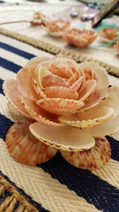 a flower made out of seashells sitting on top of a rug