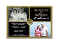 the 50th anniversary card features two photos of an older couple and is in gold foil