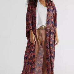 Free People Riviera Tile Print Kimono In Orange Combo Long And Flowing, This Printed Kimono Is The Perfect Layering Piece To Take Any Outfit From Casual To Chic. Fit: Maxi Length, Relaxed Fit Features: Open-Front Design, Semi-Sheer Fabrication, ¾ Length Relaxed Sleeves, Vibrant Print Contents: 100% Rayon Velvet Fringe Kimono, Free People Kimono, Floral Kimono Cardigan, Patchwork Kimono, Crochet Kimono, Printed Kimono, Maxi Kimono, Free People Velvet, Bohemian Kimono