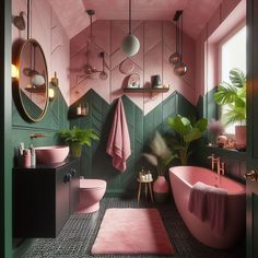 a bathroom with pink and green accents