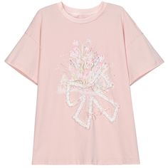 Add a touch of sweetness to your wardrobe with this adorable pink floral print T-shirt. The charming bowknot design adds a playful and feminine touch, while the loose fit ensures comfort and effortless style. Made from high-quality cotton, this T-shirt is perfect for everyday wear and can be easily paired with your favorite bottoms.  Please note that this product includes only one T-shirt.  Garment Size   	 		 			Size 			S 			M 			L 		 		 			Full Length 			63 			65 			67 		 		 			Bust 			105 Casual Summer T-shirt With Pink Bow, Feminine Cotton Short Sleeve T-shirt, Spring Cotton T-shirt With Bow, Pink Floral Print T-shirt For Summer, Casual Short Sleeve T-shirt With Pink Bow, Spring Cotton Top With Bow Detail, Cute Bow T-shirt For Spring, Casual Bow Print Tops For Spring, Casual Tops With Bow Print For Spring