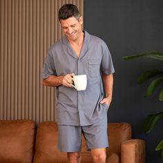 Extremely soft knit fabric that you'll no doubt love as much as we do! This short sleeved pajama set features a rounded collar and lapel with contrast piping. Front is full button down, sleeves are short. The pajama shorts feature an elastic waist and drawstring for a comfortable fit. Pockets are deep enough for a large smart phone and set on the side seams. Knit Pajamas, Target Clothes, Mens Sleepwear, Fleece Pajamas, Big Clothes, Big And Tall Outfits, Contrast Piping, Satin Pajamas, Sleep Shirt