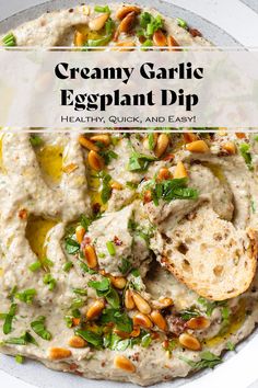 creamy garlic eggplant dip in a white bowl