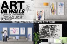 an advertisement for art on walls featuring modern furniture and artwork in various styles, colors, and sizes