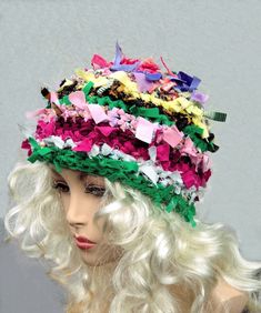 Handmade boho beanie  hat is really funky, truly unique. To create this hat I used many colorful strips of different fabrics. The color palette includes green, yellow, brown, hot pink and other bright colors. The very unusual texture of the hat transforms the ordinary piece of wear in a wearable art which cannot be copied. The most unusual hat you've ever had. Fits most of average and small  adult heads. Comes from my smoke and pet free studio. To see more of my hats, click here: https://www.etsy.com/shop/Iryna?section_id=22590274  I'll be happy to answer all your questions. Best wishes from Iryna Crochet Womens Scarf, Boho Beanie, Unusual Hats, Bohemian Hats, Burgundy Hat, Bohemian Crochet, Funky Hats, Crazy Hats, Knit Shrug