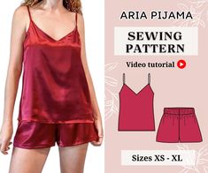 an image of a woman wearing pajamas and shorts with the text, aria pijama sewing pattern