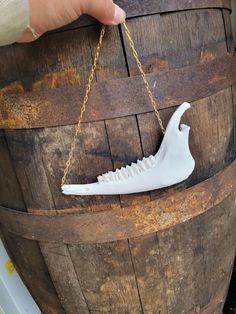 a hand is holding a white bird skeleton on a chain hanging from a wooden barrel