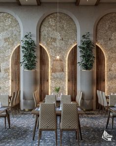 a dining room with tables, chairs and planters