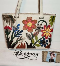 BRIGHTON EVE PARADISO FLORAL LEATHER EMBOSSED APPLIQUE SHOULDER HANDBAG TOTE$495 | eBay Designer White Shoulder Bag For Spring, Designer Spring Tote Bag, Designer Shoulder Bag For Spring Travel, Designer Bags For Spring Errands, Designer Rectangular Shoulder Bag For Spring, Designer Leather Bags For Spring, Designer Bags With Handles For Spring, Designer Rectangular Bags For Spring, Designer Rectangular Bag For Spring