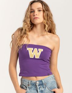 Hype And Vice University Of Washington Tube Top. Graphic Screened On Front. Made With A Double Layer Of Ultra Soft Cotton Spandex. Sleeveless. Cropped Length. 95% Cotton, 5% Spandex. Machine Wash. Imported. Model Is Wearing A Size Small. Model Measurements:height: 5'7" Bust: 29"waist: 22"hips: 34.5" Summer Elastane Tube Top, Summer Sleeveless Elastane Tube Top, Stretch Elastane Tube Top, Stretch Tube Top For Sports In Summer, Stretch Bandeau Sports Top, Stretch Elastane Strapless Tank Top, Stretch Bandeau Top For Sports, Stretch Strapless Elastane Tank Top, Strapless Stretch Elastane Tank Top