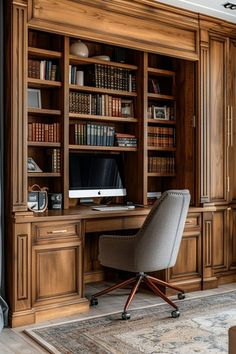 a chair sitting in front of a desk with bookshelves and shelves on it