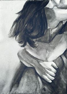 a black and white drawing of a woman hugging