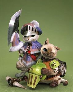 two cats dressed up as mice and one is holding an apple while the other holds a knife