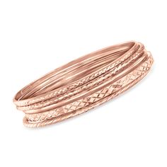 Ross-Simons - 18kt Rose Gold Over Silver Jewelry Set: Five Bangle Bracelets. 7". In a variety of textures to mix, match and stack: a set of five beautiful bangle bracelets in textured and polished 18kt rose gold over sterling silver. Slip-on, 18kt rose gold over sterling silver bangle bracelet set. Rose Gold Stackable Bangle Bracelet, Rose Gold Bangle Bracelet, Silver Jewelry Set, Rose Gold Bangle, Silver Bangle Bracelet, Sterling Silver Bangle Bracelets, Bangle Bracelet Set, Sterling Silver Bangle, Silver Jewellery Sets